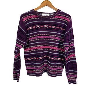 Vintage Donnkenny Casuals Floral Applique Grandma Sweater Pink - M